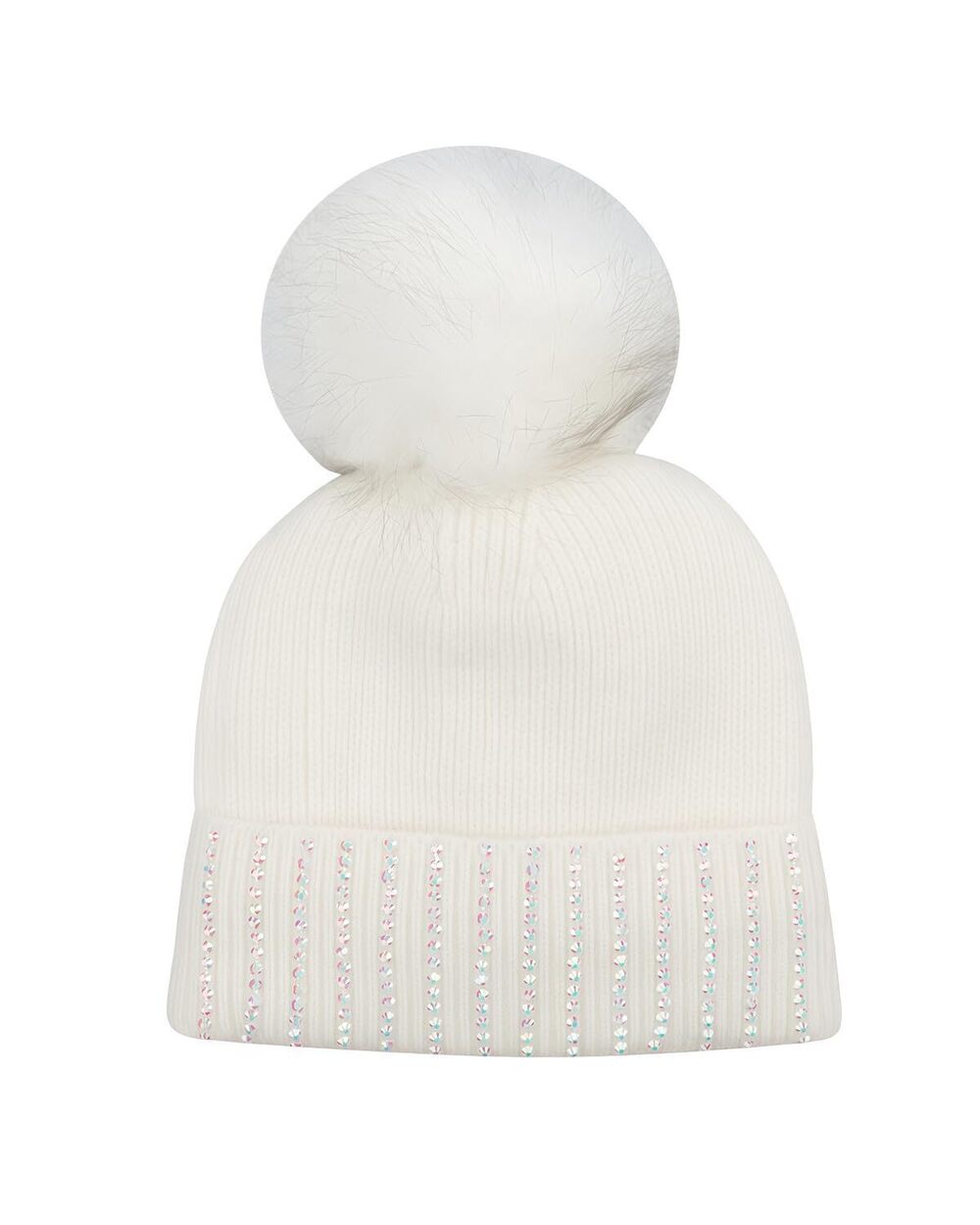 2775 Girls Winter Sequin Beanie Hat with Faux Fur Pom Pom Knit Skull Cap